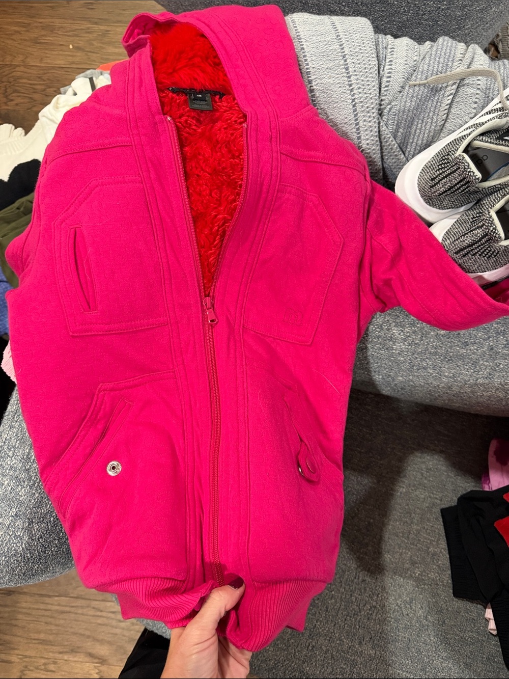 Marc By Marc Jacobs Bright Pink Hooded Teddy Jacket with Red Sherpa Lining